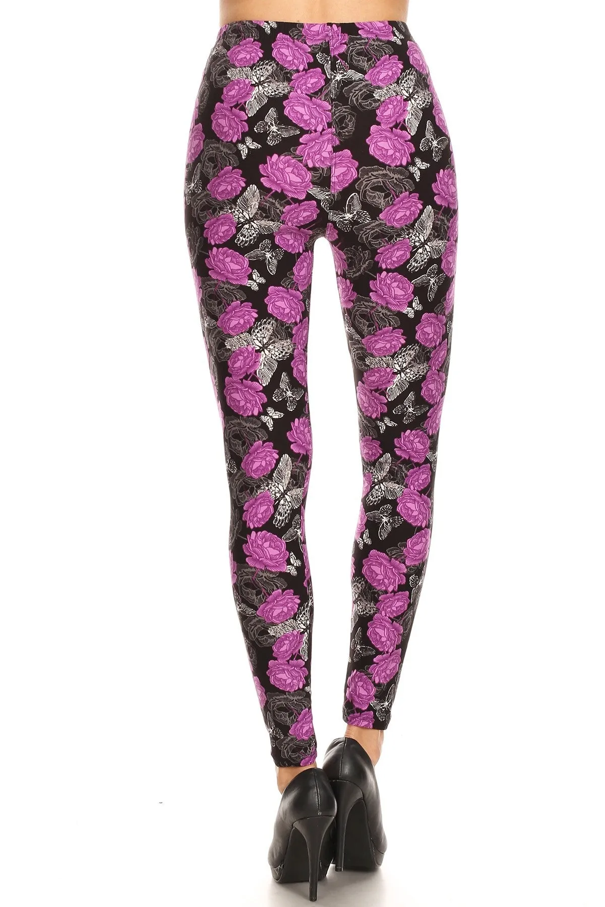 Women's Regular Purple Rose Butterfly Pattern Printed Leggings