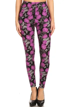 Women's Regular Purple Rose Butterfly Pattern Printed Leggings