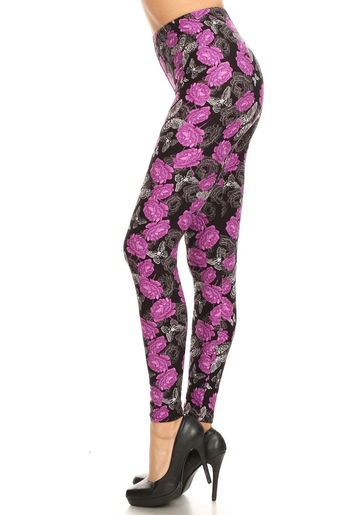 Women's Regular Purple Rose Butterfly Pattern Printed Leggings