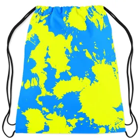 Yellow and Blue Paint Splatter Drawstring Bag