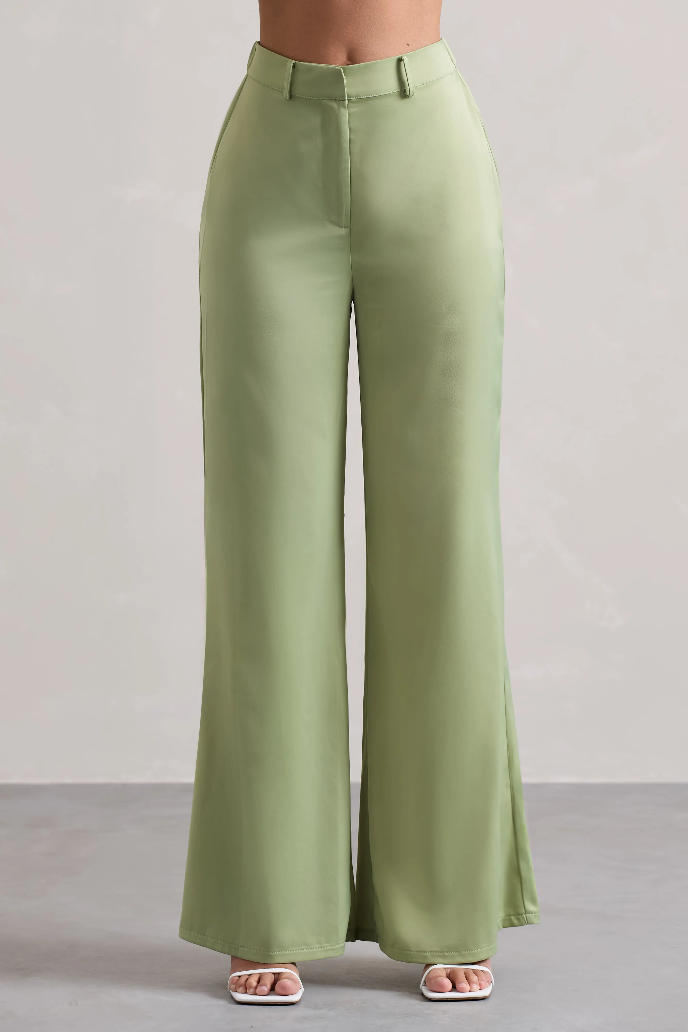 Your Way | Pale Green Satin Wide-Leg Trousers