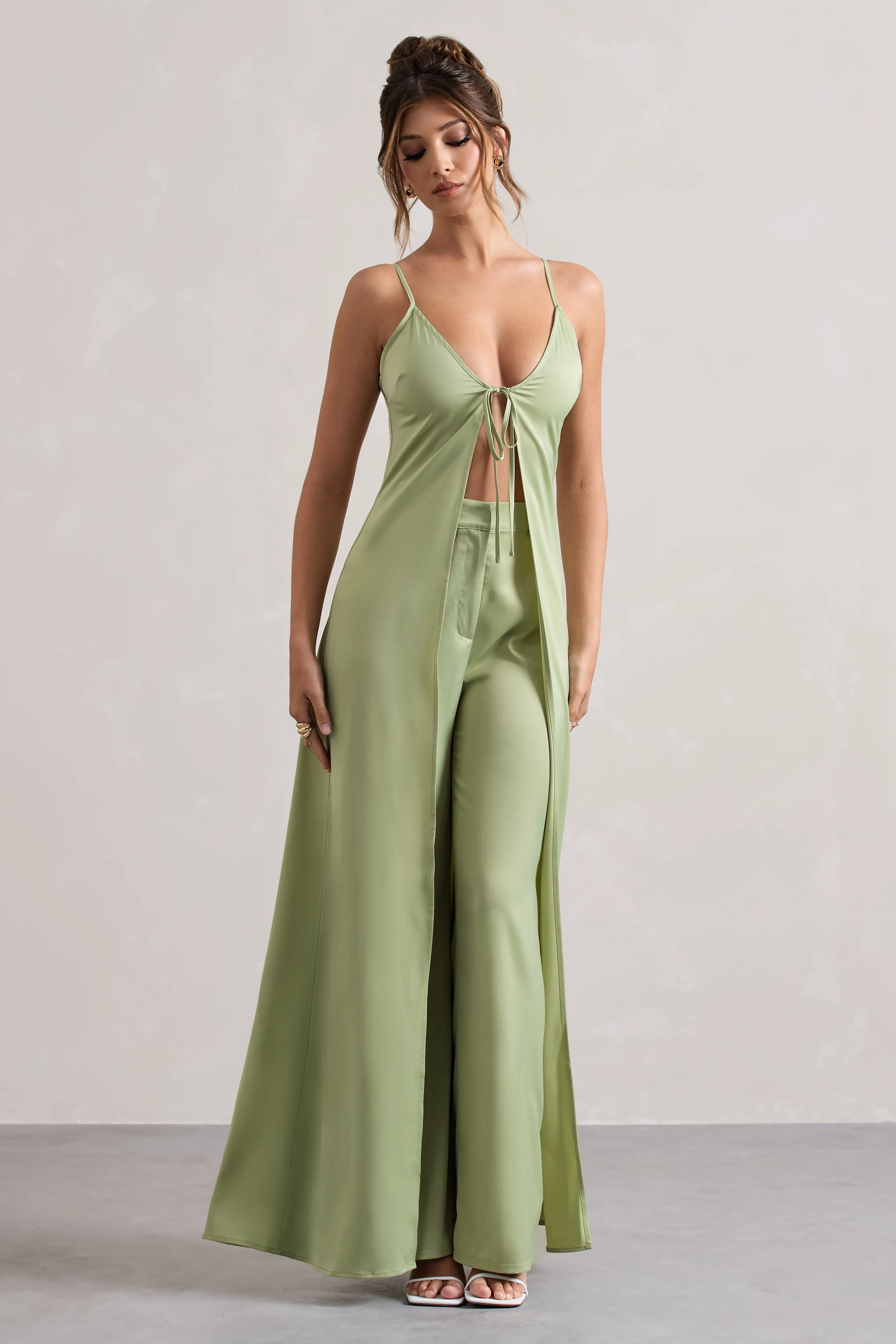 Your Way | Pale Green Satin Wide-Leg Trousers