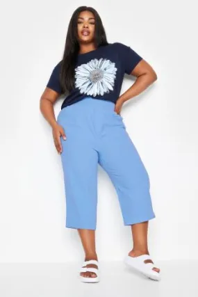 YOURS Curve Light Blue Elasticated Cool Cotton Cropped Trousers