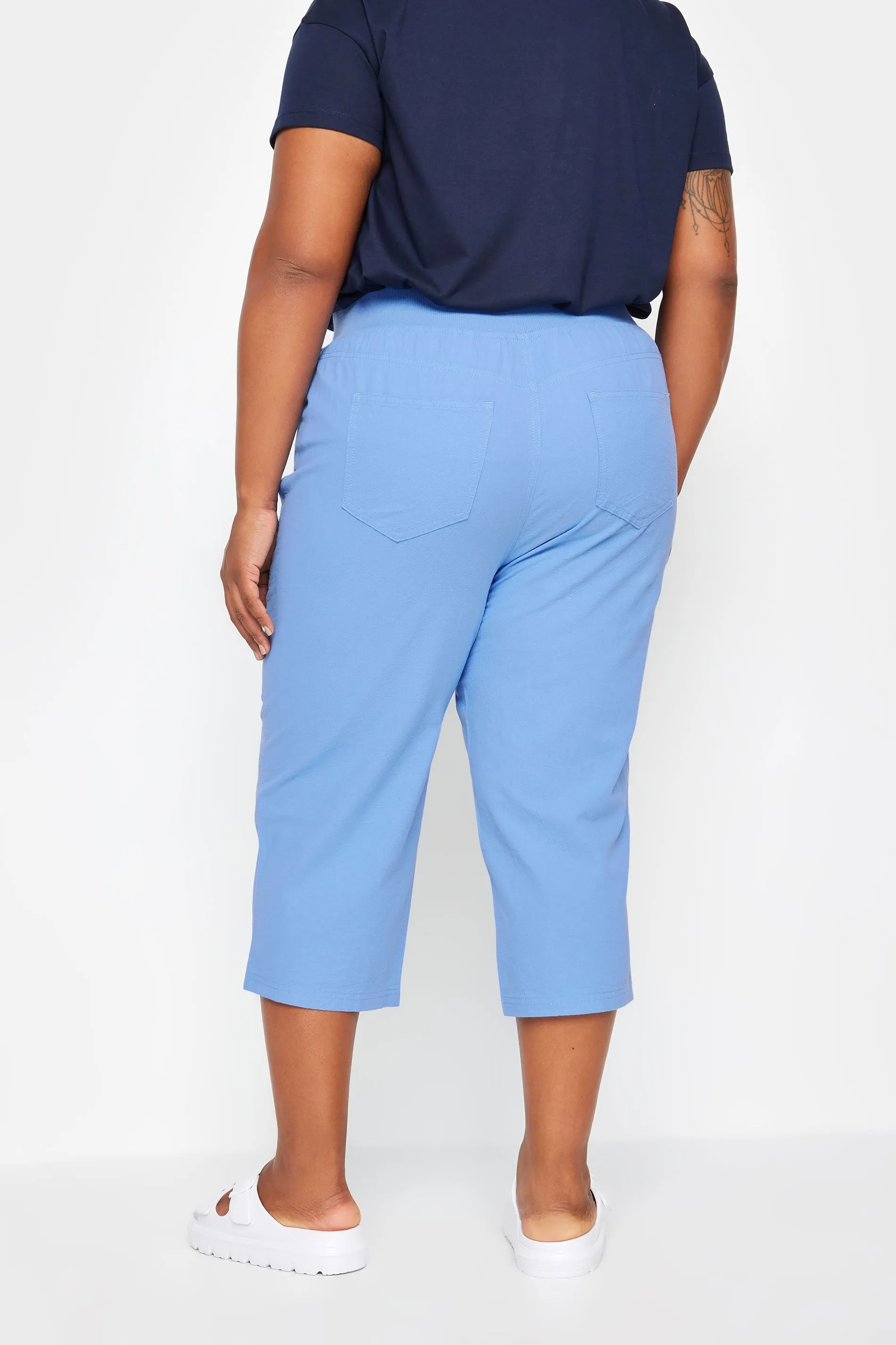 YOURS Curve Light Blue Elasticated Cool Cotton Cropped Trousers