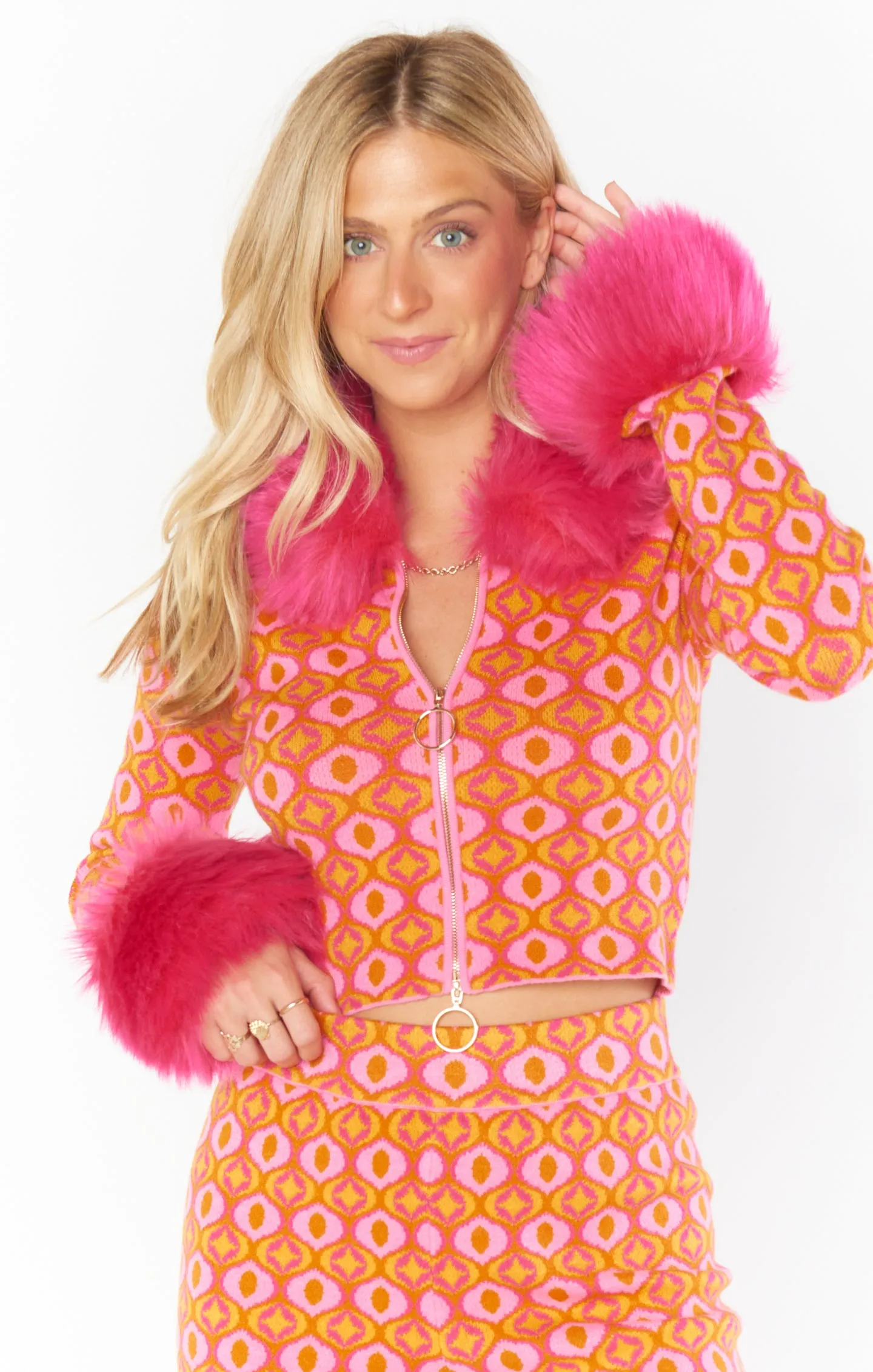 Zermatt Zip Up ~ Pink Geo Jacquard Faux Fur